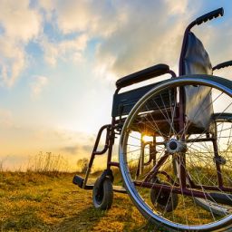 Empty wheelchair on the meadow at sunset Credito-bubutu