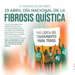 Cartel Día Nacional de la Fibrosis Quística 2025 Personas levantando pancarta con el lema "Más cerca del tratamiento para todos" en el Día Nacional de la Fibrosis Quística
