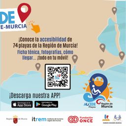 Cartel de la app ACCEDE de FAMDIF con información sobre 74 playas accesibles de la Región de Murcia y código QR para descargar la aplicación.