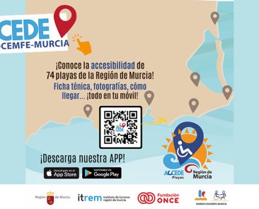Cartel de la app ACCEDE de FAMDIF con información sobre 74 playas accesibles de la Región de Murcia y código QR para descargar la aplicación.