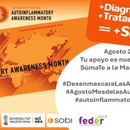 Cartel de la campaña “Desenmascara las Autoinflamatorias”, con mapa naranja, lema sobre diagnóstico, hashtags y logotipos de las entidades organizadoras.