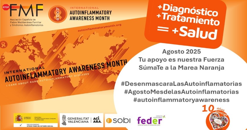 Cartel de la campaña “Desenmascara las Autoinflamatorias”, con mapa naranja, lema sobre diagnóstico, hashtags y logotipos de las entidades organizadoras.