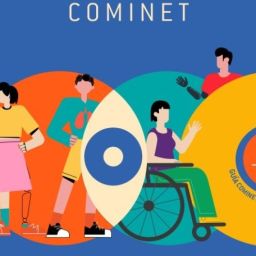 Ilustración portada Guía COMINET 2025 Ilustración inclusiva con personas con discapacidad y logotipo de COMINET y COCEMFE Alicante
