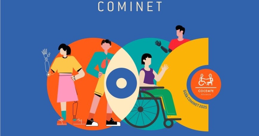 Ilustración inclusiva con personas con discapacidad y logotipo de COMINET y COCEMFE Alicante