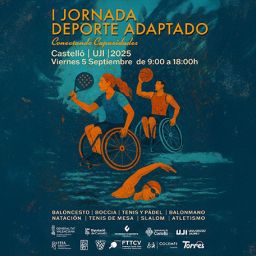 Cartel oficial de la I Jornada de Deporte Adaptado de COCEMFE Castellón Ilustración de personas con discapacidad practicando deporte adaptado, con información de la jornada organizada por COCEMFE Castellón en la UJI.