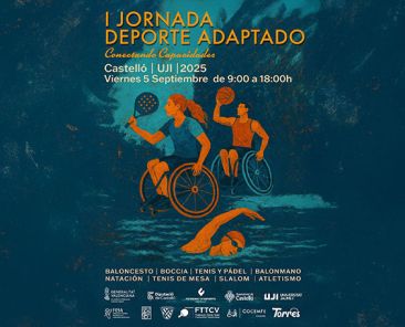 Ilustración de personas con discapacidad practicando deporte adaptado, con información de la jornada organizada por COCEMFE Castellón en la UJI.