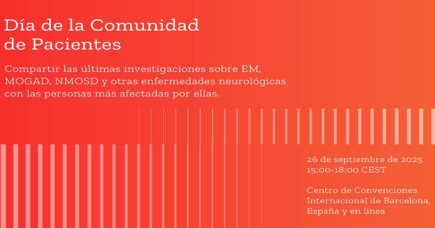 Cartel oficial del Día de la Comunidad de Pacientes de ECTRIMS 2025 con fecha, horario y lugar del evento en Barcelona y online