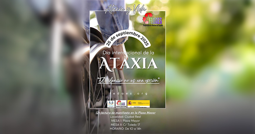 Cartel del Día Internacional de la Ataxia 2025 con el programa de actividades en Ciudad Real