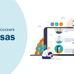 Ilustración del Campus COCEMFE para Empresas, con personas interactuando en un entorno digital inclusivo.