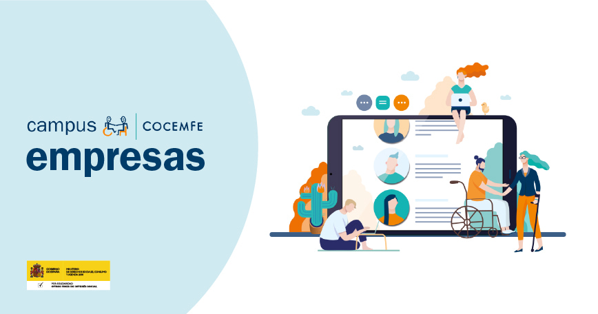 Ilustración del Campus COCEMFE para Empresas, con personas interactuando en un entorno digital inclusivo.