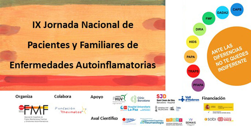 Cartel oficial de la IX Jornada Nacional de Pacientes y Familias de Enfermedades Autoinflamatorias organizada por FMF España en Madrid.