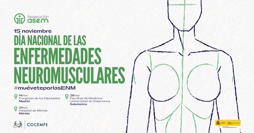 Cartel del Día Nacional de las Enfermedades Neuromusculares 2025 con el lema #MuéveteporlasENM y dibujo anatómico en trazos verdes y azules.
