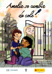 Portada del cuento infantil “Amelia se cambia de cole” de COCEMFE, protagonizado por una niña con discapacidad que reflexiona sobre la empatía y la inclusión escolar.