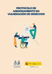 Portada del Protocolo de Asesoramiento en Vulneración de Derechos de COCEMFE, con ilustración de tres personas colaborando y los logotipos institucionales.