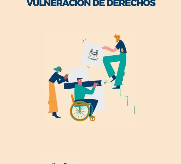 Portada del Protocolo de Asesoramiento en Vulneración de Derechos de COCEMFE, con ilustración de tres personas colaborando y los logotipos institucionales.
