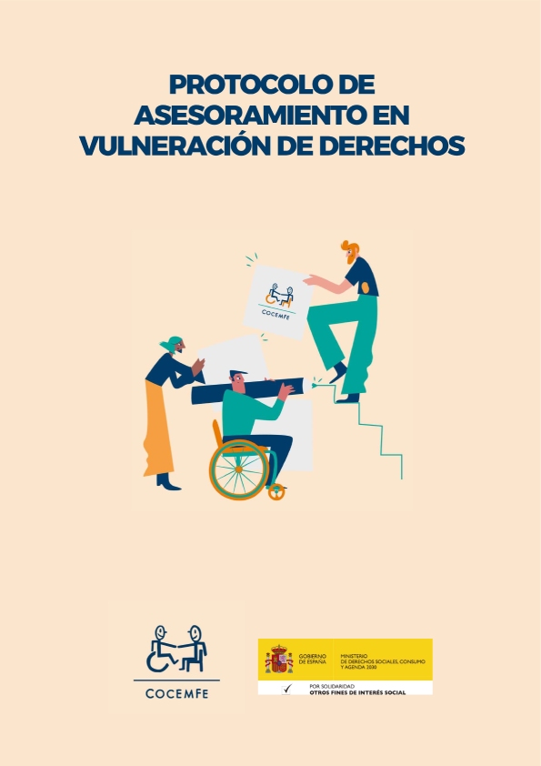 Portada del Protocolo de Asesoramiento en Vulneración de Derechos de COCEMFE, con ilustración de tres personas colaborando y los logotipos institucionales.
