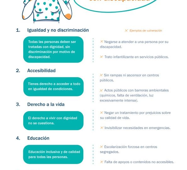 Ilustración con el texto “Derechos de las personas con discapacidad”, que resume los derechos básicos y las vulneraciones más comunes según COCEMFE.