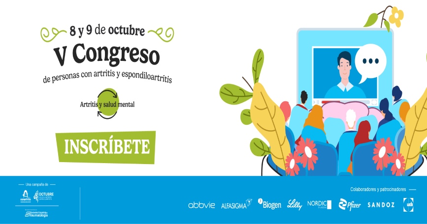 Cartel del V Congreso de ConArtritis, centrado en la salud mental y el bienestar de las personas con artritis y espondiloartritis.