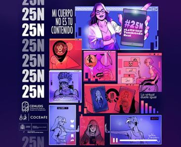 Cartel ilustrado del 25N con escenas de violencia digital hacia mujeres y el lema “Mi cuerpo no es tu contenido”.