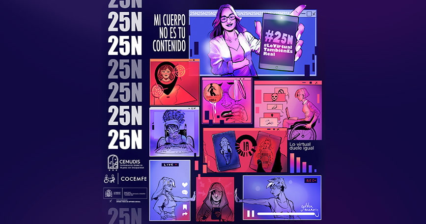 Cartel ilustrado del 25N con escenas de violencia digital hacia mujeres y el lema “Mi cuerpo no es tu contenido”.