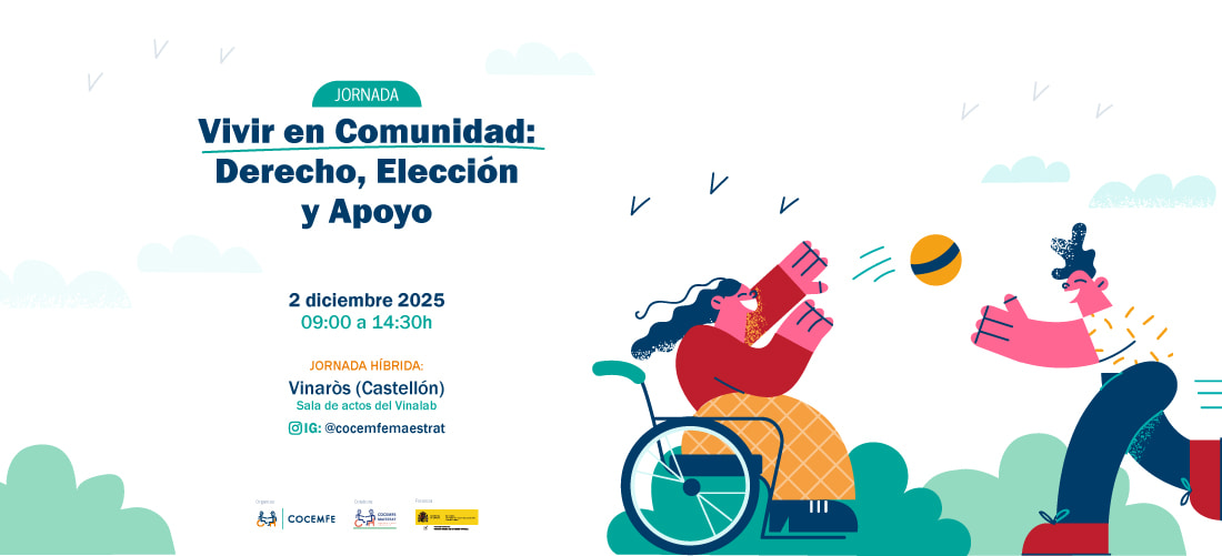 Cartel de la jornada “Vivir en Comunidad: Derecho, Elección y Apoyo” con ilustraciones inclusivas y datos del evento.