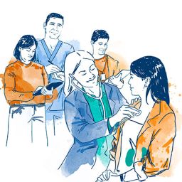 Ilustración del proceso de valoración de la discapacidad Ilustración de profesionales realizando una valoración y apoyo a una persona con discapacidad, con estilo gráfico corporativo de COCEMFE.