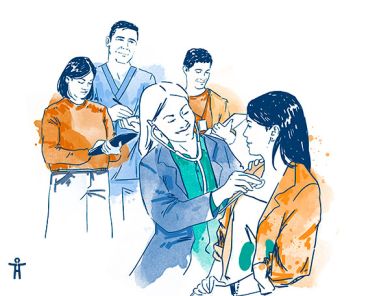 Ilustración de profesionales realizando una valoración y apoyo a una persona con discapacidad, con estilo gráfico corporativo de COCEMFE.