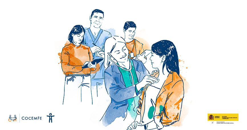 Ilustración de profesionales realizando una valoración y apoyo a una persona con discapacidad, con estilo gráfico corporativo de COCEMFE.