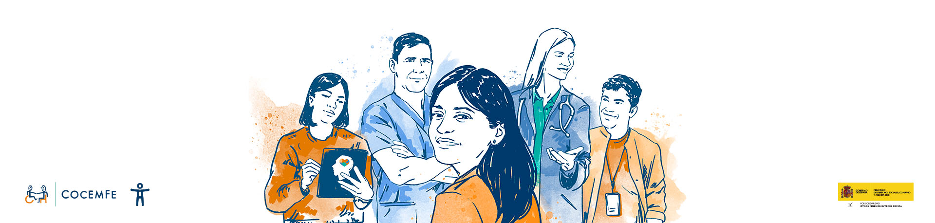 Ilustración de varias personas profesionales y usuarias en un entorno colaborativo, simbolizando la inclusión y el trabajo conjunto en el ámbito sociosanitario.