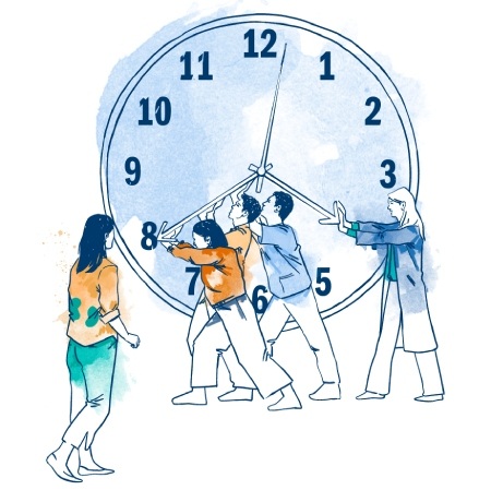 Un grupo de personas empuja las manecillas de un gran reloj mientras otra las observa, simbolizando el esfuerzo colectivo por reducir los tiempos de espera.