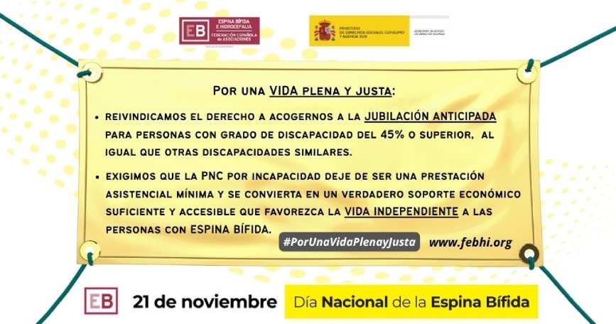 Cartel de FEBHI con el lema “Por una vida plena y justa” y reivindicaciones del colectivo, acompañado del sol amarillo.