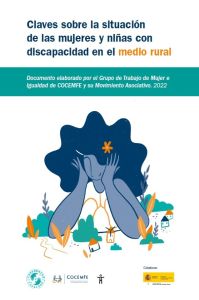 Portada del documento de COCEMFE sobre la situación de las mujeres y niñas con discapacidad en el medio rural, con ilustración de una mujer entre casas y plantas.