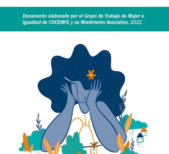 Portada del documento de COCEMFE sobre la situación de las mujeres y niñas con discapacidad en el medio rural, con ilustración de una mujer entre casas y plantas.