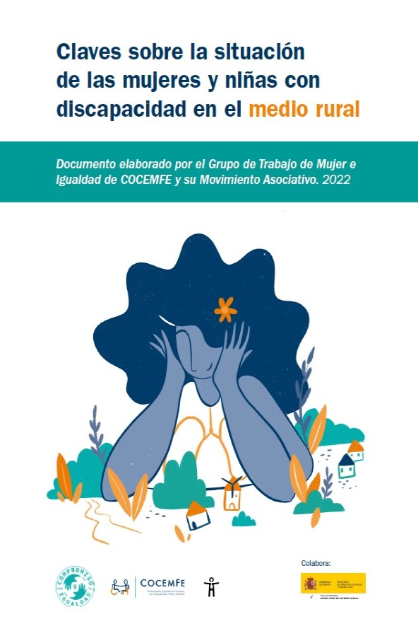 Portada del documento de COCEMFE sobre la situación de las mujeres y niñas con discapacidad en el medio rural, con ilustración de una mujer entre casas y plantas.