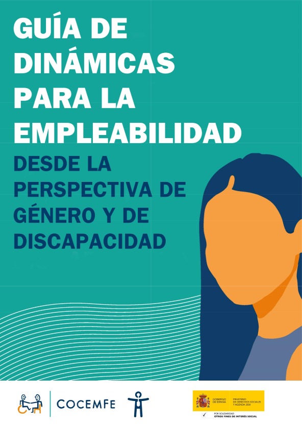 Portada de la Guía de dinámicas para la empleabilidad desde la perspectiva de género y de discapacidad de COCEMFE, con ilustración de una mujer estilizada sobre fondo verde azulado.
