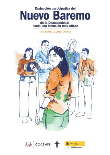 Portada del informe “Evaluación participativa del Nuevo Baremo de la Discapacidad”, con una ilustración de varias personas del ámbito sociosanitario que simbolizan participación, inclusión y diversidad.
