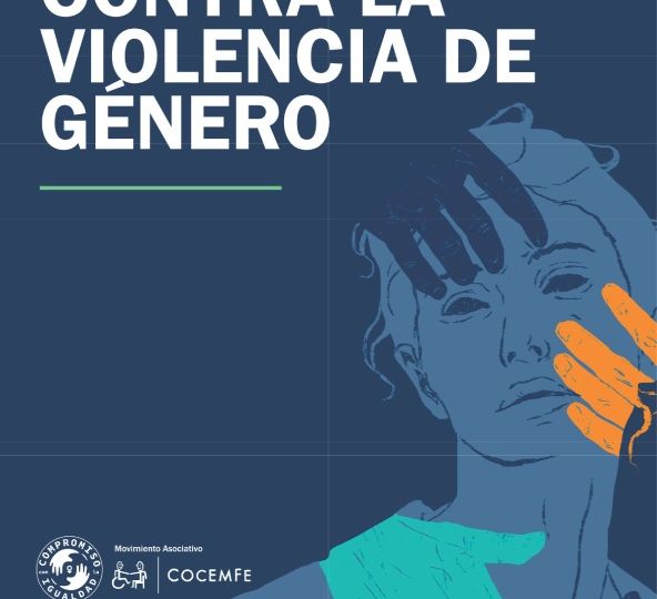 Portada del informe de COCEMFE Propuestas contra la violencia de género, con ilustración de una mujer y manos de colores que simbolizan la violencia y el apoyo social.