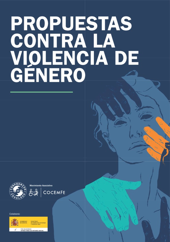 Portada del informe de COCEMFE Propuestas contra la violencia de género, con ilustración de una mujer y manos de colores que simbolizan la violencia y el apoyo social.