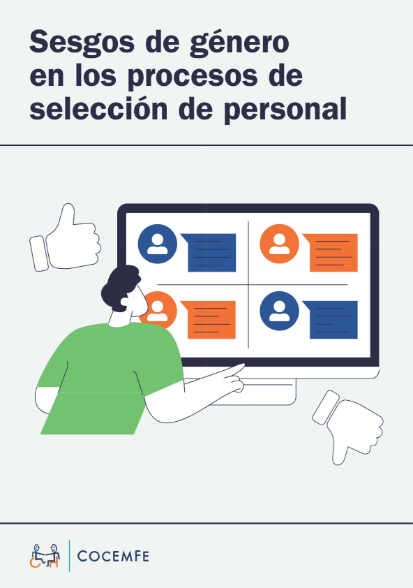 Portada del informe de COCEMFE Sesgos de género en los procesos de selección de personal, con ilustración de una persona valorando perfiles laborales en un ordenador.
