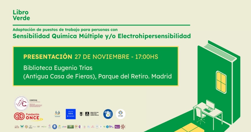 Cartel informativo de CONFESQ sobre la presentación del Libro Verde dedicado a la adaptación laboral para personas con Sensibilidad Química Múltiple y/o Electrohipersensibilidad.
