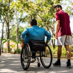 Persona usuaria de silla de ruedas en un parque accesible Persona usuaria de silla de ruedas paseando por un parque junto a otra persona que la acompaña.