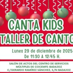 Cartel del taller infantil de canto gratuito e inclusivo “Canta Kids” de COCEMFE Badajoz, con fecha, horario, lugar e inscripción.
