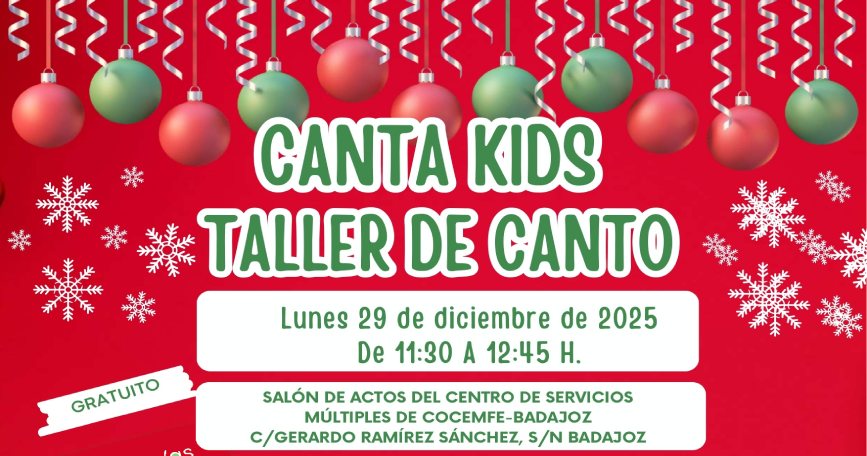 Cartel del taller infantil de canto gratuito e inclusivo “Canta Kids” de COCEMFE Badajoz, con fecha, horario, lugar e inscripción.