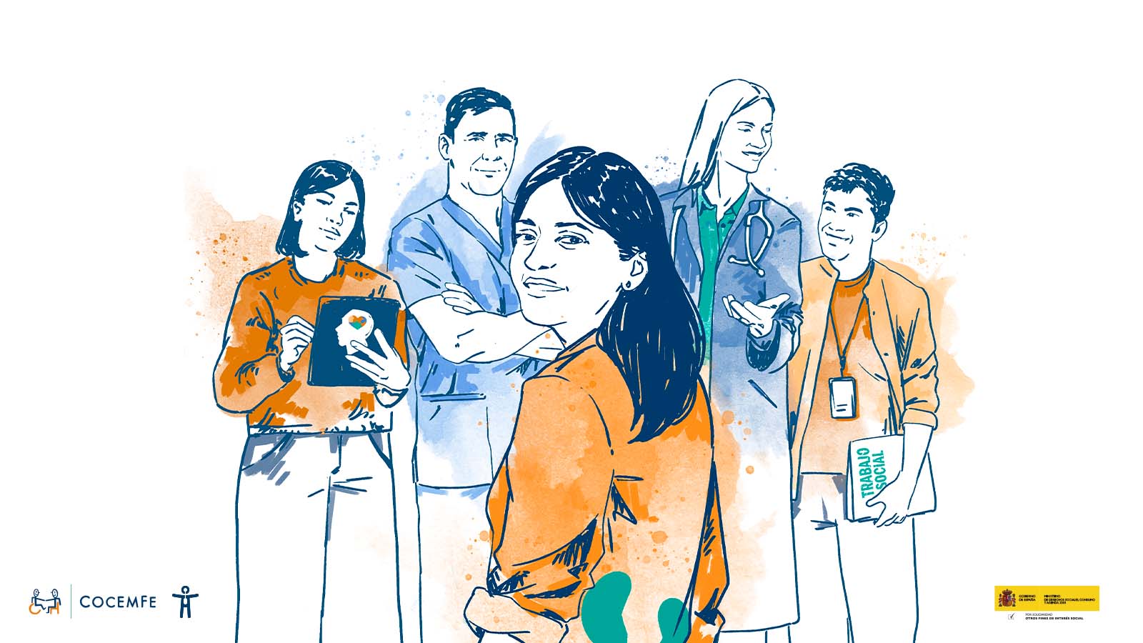 Ilustración con varias personas del ámbito sociosanitario, representando la campaña “Datos que hablan de derechos” sobre valoración de la discapacidad.