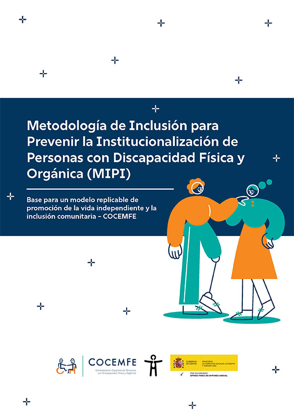Portada de la Metodología de Inclusión para Prevenir la Institucionalización de personas con discapacidad física y orgánica, con ilustración de dos personas interactuando y logotipos institucionales.