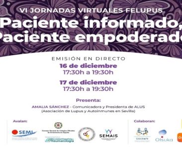 VI Jornadas Virtuales FELUPUS Paciente informado paciente activo Cartel de las VI Jornadas Virtuales de FELUPUS sobre lupus y educación sanitaria para pacientes.