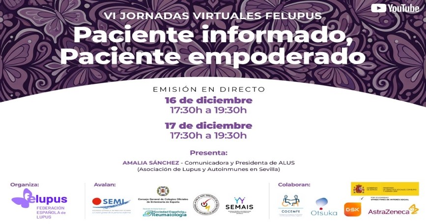 Cartel de las VI Jornadas Virtuales de FELUPUS sobre lupus y educación sanitaria para pacientes.