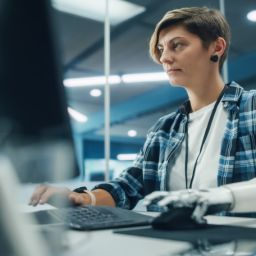Persona con prótesis trabajando con ordenador en una oficina, imagen representativa del empleo inclusivo.