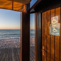 Puerta de aseo accesible en una playa con señal de discapacidad y el mar al fondo al atardecer