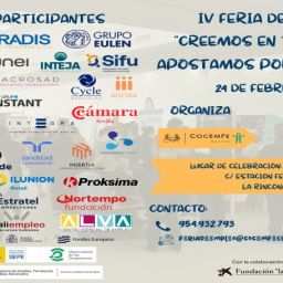 Cartel IV Feria de Empleo COCEMFE Sevilla 2026 Cartel de la IV Feria de Empleo de COCEMFE Sevilla con empresas participantes y datos de inscripción en La Rinconada.